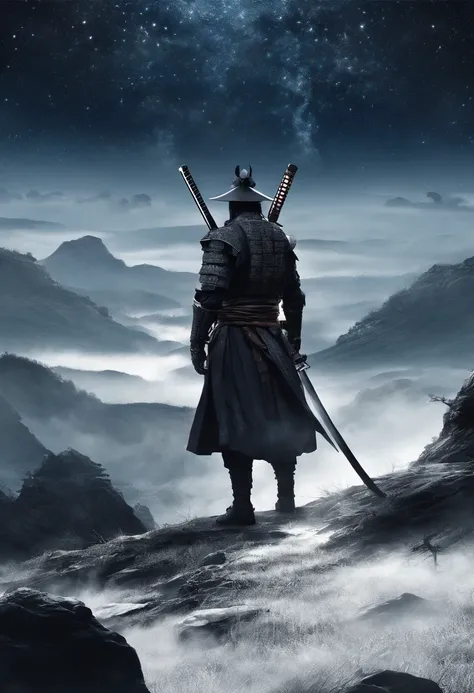 The samurai holds a katana, Starry skies and mist shroud the landscape, looking at viewer, face focus