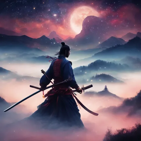 The samurai holds a katana, Starry skies and mist shroud the landscape.