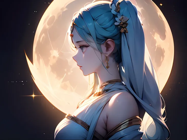 Profile of the goddess of the moon、Marble like、​masterpiece、highcontrast、cinematlic lighting、Detailed shading、top-quality、Top image quality