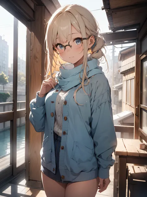 Girl with glasses, light blue and light yellow hair, on the balcony of her house observing the landscape, wearing a large white scarf, cold smoke coming from her mouth, snow, Winter, Meguro River, photography, (ultra-realistic), { extremely detailed 8k CG ...