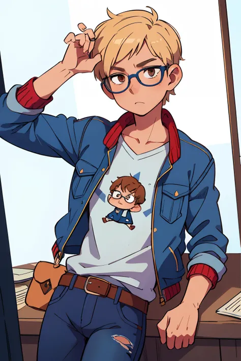 ((beste-Qualit, tmasterpiece)), 
Boy modest, blue jacket, blue jeans, short hair, blonde glasses with a narrow frame, brown eyes