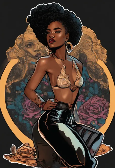 /imagine prompt: ebony girl pinup illustration on front with black background sticker, Bold outline style, Jagged edges, Trash core, Light Shadow --V 5.2