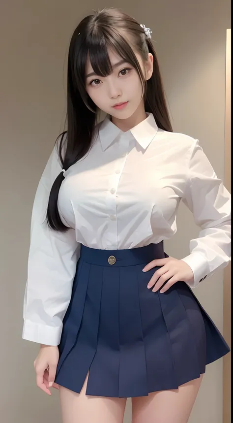 Smiling Japan beautiful high school girl wearing white dress shirt and navy blue mini skirt,Full-body figure,tthin eyebrows,A dark-haired,pony tail hair,Bangs are bangs,Huge breasts,meaty legs,put hands on the hip,Standing with crotch wide open