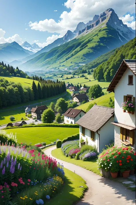 Peaceful and idyllic countryside, Rolling green hills dotted with grazing sheep, Charming villa，Set amidst vibrant flowers, Clear blue sky overhead, Evokes a sense of peace and simplicity, Valle encantador, switzerland, patches of green fields, lush countr...