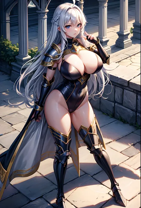 Woman knight、a beauty girl、huge tit、Excellent style、Nice Buddy、glamorous、leotard、s Armor、Shoulder rest armor、Bra chest armor、knee boots、gauntlets、hair adornments、silber hair、Longhaire、Ahoge、a medieval castle、is standing、full body seen、Outside the castle、na...