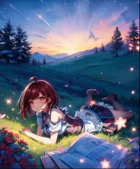 Describe a scene where a cute girl character is lying on a grassy hill, Looking up at the starry sky. Surround her with colorful nebulae and her favorite constellations.