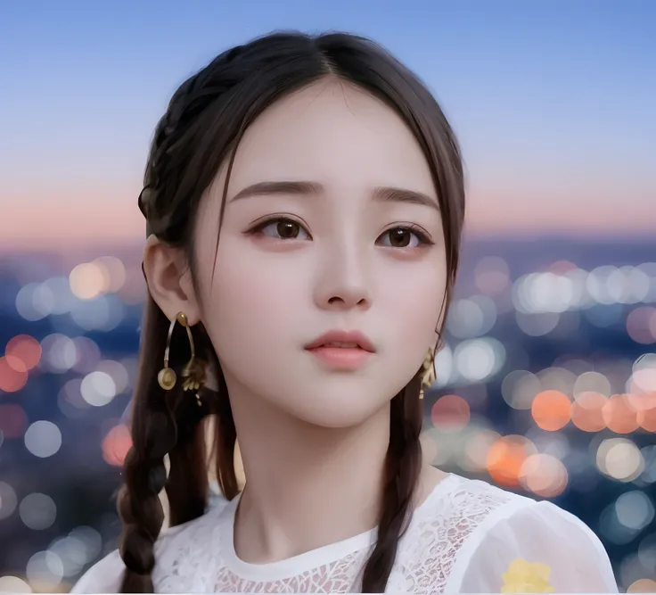 araffe woman with braid hair and earrings looking at the camera, dilraba dilmurat, young adorable korean face, soft portrait shot 8 k, with cute - fine - face, with round face, young cute wan asian face, xintong chen, young cute face, xision wu, ruan jia b...