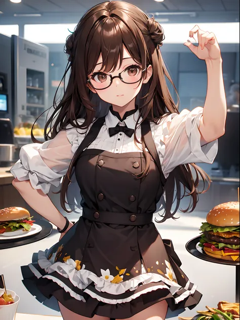 Sex 1 person、brown haired(Curta)、Brown eyes、Black-rimmed glasses、Best Quality、ultra-detailliert、8K resolution、Raw photo、masutepiece、gorgeous faces、Perfect body、Cheek up a hamburger