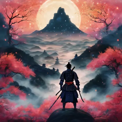 The samurai holds a katana, Starry skies and mist shroud the landscape.