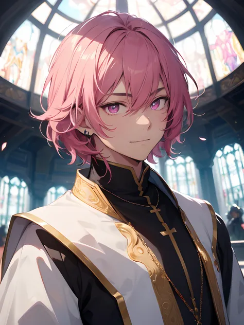 1man, solo, male focus, tmasterpiece, fantasy world, warm smile, confident, handsome, pink hair, pink eyes, highest quality digital art, Stunning art, stunning art, wallpaper 4K, 8K, 16K, 32K, absurdres, highly detailed, anime masterpiece, serene expressio...