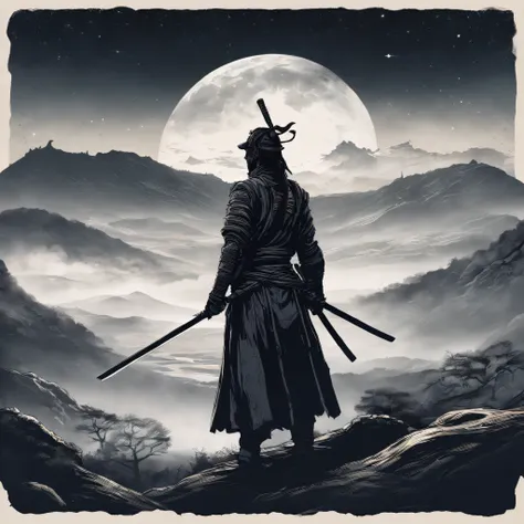 The samurai holds a katana, Starry skies and mist shroud the landscape.