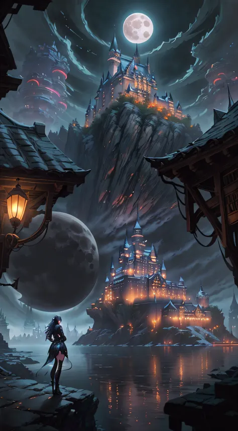 Anime girl standing in front of castle with full moon in the background, The Tower of the Distant Mage, inspired by Andreas Rocha, Cyberpunk Castle, artwork in the style of guweiz, magical castle, gothic epic library concept, low details. Digital Painting,...