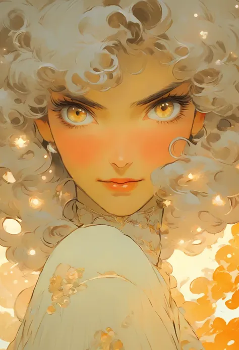 grey hair, white hair, curly hair, drill hair, quad drills, long hair, hair one side up, amber eyes, crescent earrings, makeup, kubrick stare, Social realism, by Alfons Mucha, Luminism, anime style, Fujicolor, masterpiece, high quality