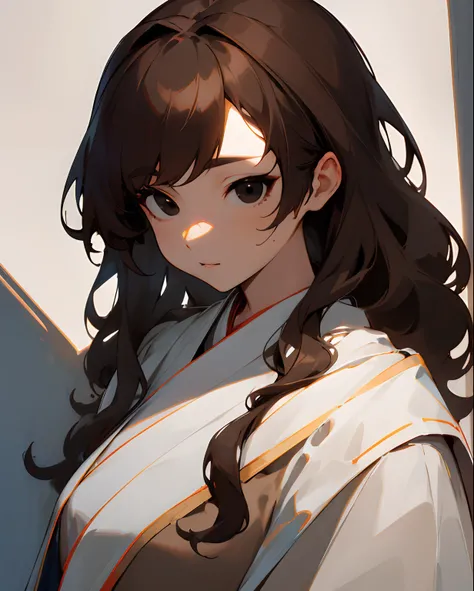 (Detailed lights, detailed shadows), 1Woman, brown wavy hair, white robe, ((A detailed eye)), a closeup of a, Portrait, (Black Eyes), extremely detailed clothing, ((Modern clothes)),