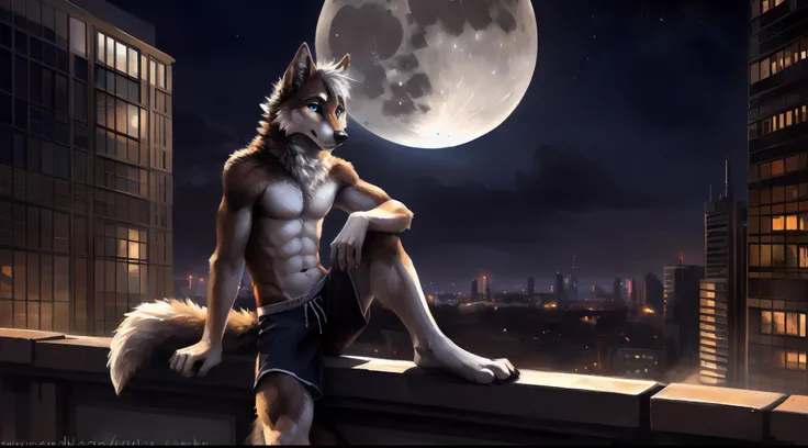 ((Solo)), male people, anthro wolf, (Multi-colored fur, White-brown:1.3), ((Wolf face, White hair, Big eyes, White eyelids, Blue pupil, Slim:1.2) (Tough, Calm expression:1.2)), Abs, Slim, pinging)), (Correct anatomy), (Work shorts:1.1), (Contour bone:1.2),...