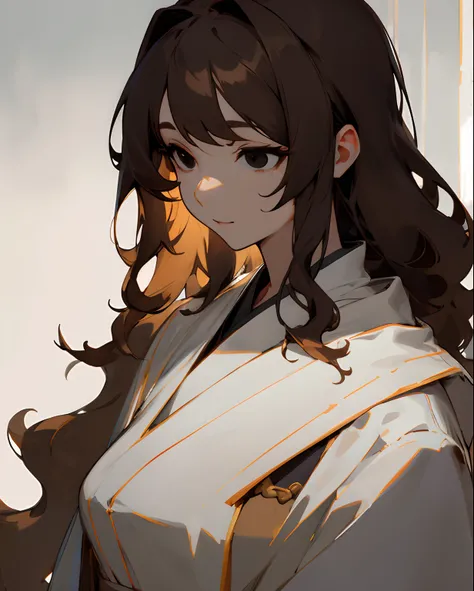 (Detailed lights, detailed shadows), 1Woman, brown wavy hair, white robe, ((A detailed eye)), a closeup of a, Portrait, (Black Eyes), extremely detailed clothing, ((Modern clothes)),