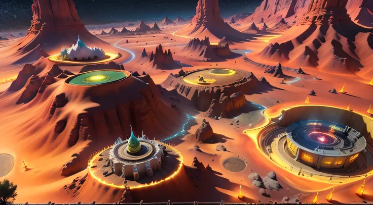 Alien Fall Base (Very detailed) In the mountainous desert，There are several exhaust fans and yellow chimneys, Some neon lights come out of the base to illuminate the dark place, (Extreme nights), Some clouds in the night sky, Some of the surrounding planet...