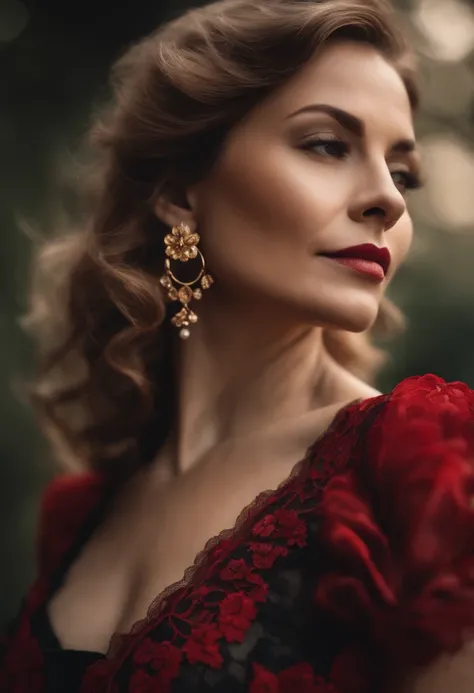 8K, RAW photo, Fujifilm, Stylish photo of a beautiful 45-year-old woman, Square Face, red rose around the neck, in a black lace dress with red, gold earrings, Strong traits, such as a spinning pigeon, (highly detailed skin: 1.2), Medium brown hair with blo...