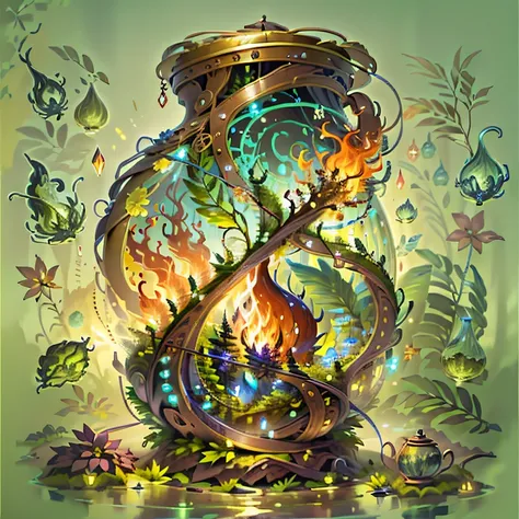 MAGIC HOURGLASS WITH WATER ELEMENTS, TERRA, FIRE AND AIR in the medieval alchemy style