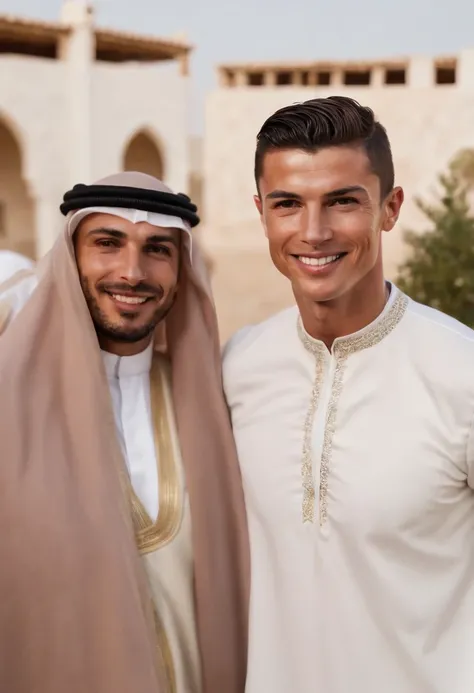 (Cristiano Ronaldo) smiling (dressed up as a sheikh: 0.9 , standing among his arab friend, best detailed face and sheikh dress, day light, bouque lights, (never seen quality before )