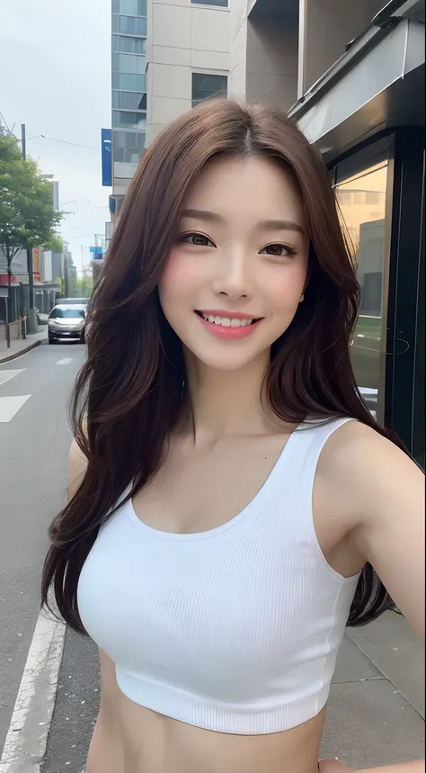 ((Realistic lighting, Best quality, 8K, Masterpiece: 1.3)), Clear focus: 1.2, 1girl, Perfect Figure: 1.4, Slim Abs: 1.1, ((Dark brown hair)), (White crop top: 1.4), (Outdoor, Night: 1.1), City streets, Super fine face, Fine eyes, Double eyelids, A little s...