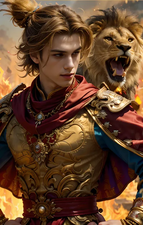 (1male) , the young man of the sun god looks interesting..............((standing next to a lion)).,,against the backdrop of flam...