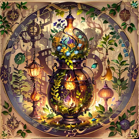 one MAGIC HOURGLASS WITH WATER ELEMENTS, TERRA, FIRE AND AIR in the medieval alchemy style