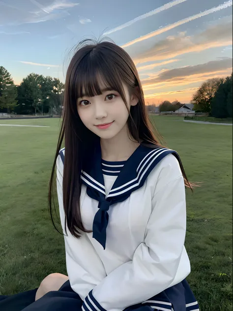 (One girl with slender small breasts and long hair with dull bangs in winter sailor suit:1.5)、(One girl waking on the grass with a small smile :1.3)、(Beautiful winter twilight sky:1.5)、(Perfect Anatomy:1.3)、(No mask:1.3)、(complete fingers:1.3)、Photorealist...