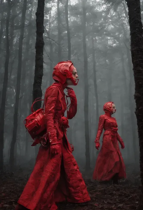 red biomechanical, motion, surrealist, darkness, dark fantasy, dramatic light, by Aitor Throup, on foggy forest