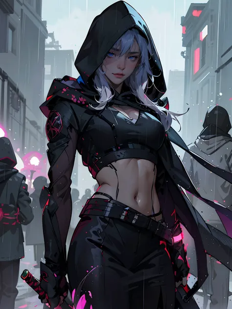 anime girl with hood,holding glowing red sword,rain,(Purple flower eyes lens),dark fantasy,alena aenami and artgerm,illustration,intricate details,ultra-hd,High quality,masterpiece