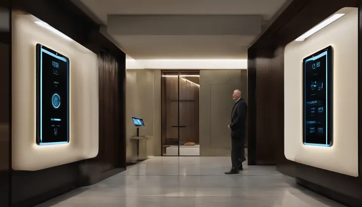 A resident stands in front of the entrance to the apartment. He holds an easy-to-read device, Devices with large buttons and high-contrast screens. Residents wear light-colored clothing，Carrying a backpack on his right shoulder. He stood in front of a glas...