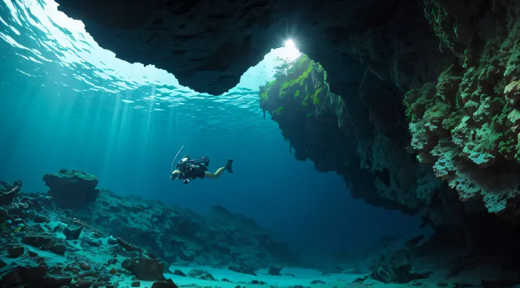 Show a diver exploring the depths of the Bermuda Triangles underwater caves.