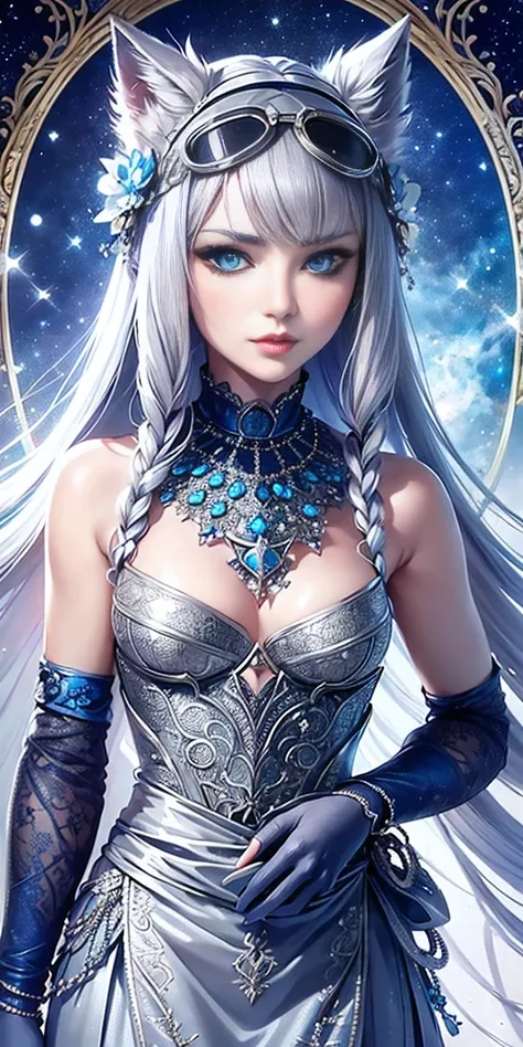 (Top resolution, Distinct_image) Best Quality, Womens masterpieces, Highly detailed, 1womanl,solo person,Half realistic, (Systemic), Silver hair, Bangs, 18 years old, Short Grey Silver Lace Skirt, (((Perfect face:1))), Sharp face, v-line jaw, (Bright blue ...