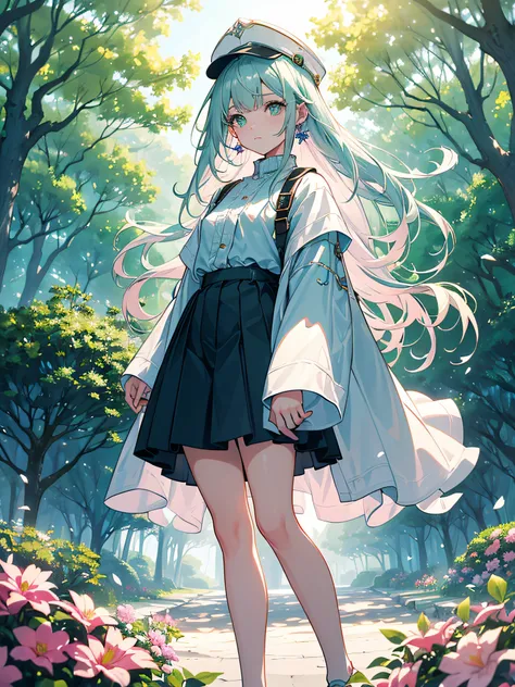 A girl with light green eyes, long straight hair, full body, pink shirt with sleeves, blue jeans, black cap, white sneakers, wearing light blue backpack, shiny earrings, in a square with trees and flowers, (ultra-realistic), {extremely detailed CG unit 8k ...