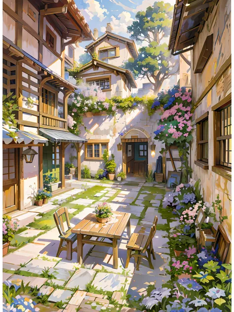 painting of a courtyard with a table and chairs and a bench, anime background art, relaxing concept art, anime scenery concept art, immensely detailed scene, a beautiful artwork illustration, detailed scenery —width 672, studio ghibli environment, highly d...