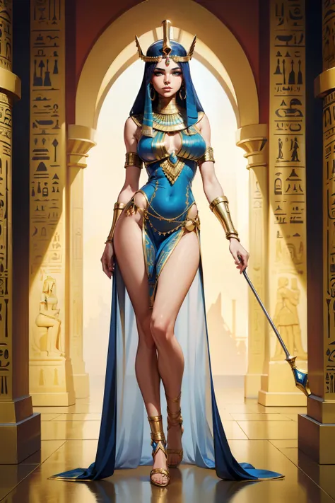 master-piece，Egypt, Goddess of Beauty，Full body pose，Full Egyptian dress，Two-handed scepter, Dress Details, Full body pose，With a well-proportioned body..，Slender Legs，face detail，Body parts details，8k Wallpaper