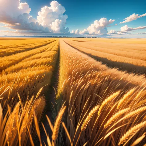 Golden Fields of Wheat:

Vast fields of golden wheat swaying in the breeze under a clear blue sky.