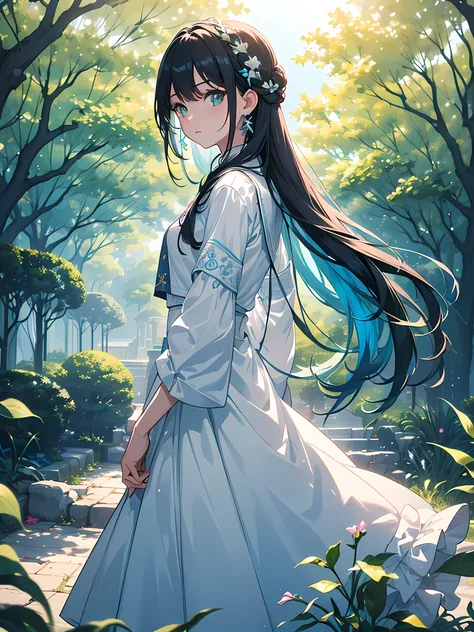 A girl with light green eyes, long straight hair, full body, pink shirt with sleeves, blue jeans, black cap, white sneakers, wearing light blue backpack, shiny earrings, in a square with trees and flowers, (ultra-realistic), {extremely detailed CG unit 8k ...