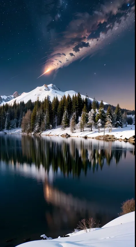 (desperate meteorite、a huge meteorite is falling:1.8)、((background with、winters、snowscape、silver world、wide night sky、nighttime ...