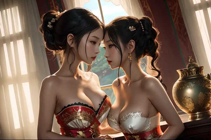 there are two women in lingersuits standing next to each other, wlop and ross tran, beautiful digital artwork, wlop and sakimichan, artwork in the style of guweiz, deviantart artstation cgscosiety, digital fantasy art ), wlop and andrei riabovitchev, 2. 5 ...