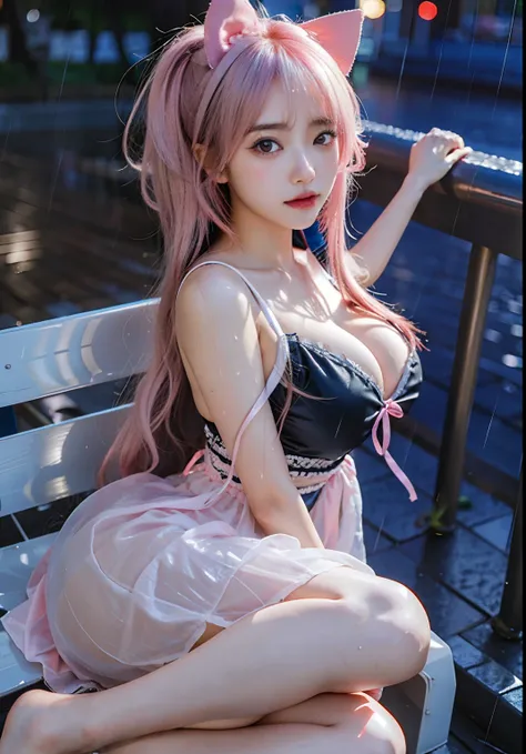 anime girl with long hair sitting on a bench in the rain, pink eyes, big breasts, big thigh, big thicc, big ass, seductive anime girl, wet from rain, ahegao, rainy wet, anime moe artstyle, loli in dress, [ 4 k digital art ]!!, by Shitao, just after rain, t...