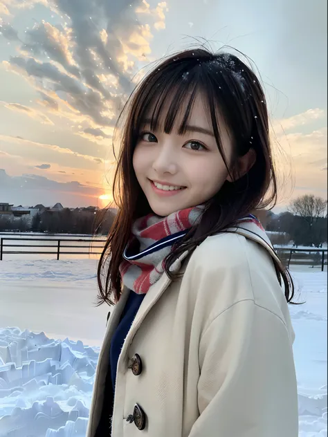 (Wear a coat over a winter sailor suit and scarf、One girl with slender small breasts and long hair with dull bangs:1.5)、(One girl with little smile and hair fluttering in the wind :1.3)、(Beautiful snowy sunset sky:1.5)、(Perfect Anatomy:1.3)、(No mask:1.3)、(...