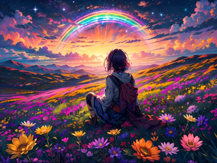 A wide landscape photo, (viewed from below, the sky is above, and the open field is below), an anime girl sitting on colorful flowers field looking up, (full moon: 1.2), (rainbow clouds: 0.9), (rainbow: 1.3), distant mountains , shooting stars,  Crafting A...