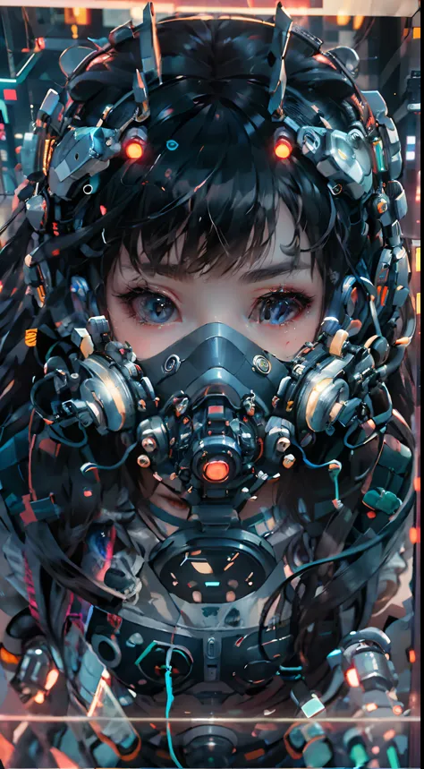 1girl wearing a detailed neon cyberpunk mask, her face partially covered by a portiere, captured in a close-up shot from above, with a vibrant cyberpunk city backdrop.