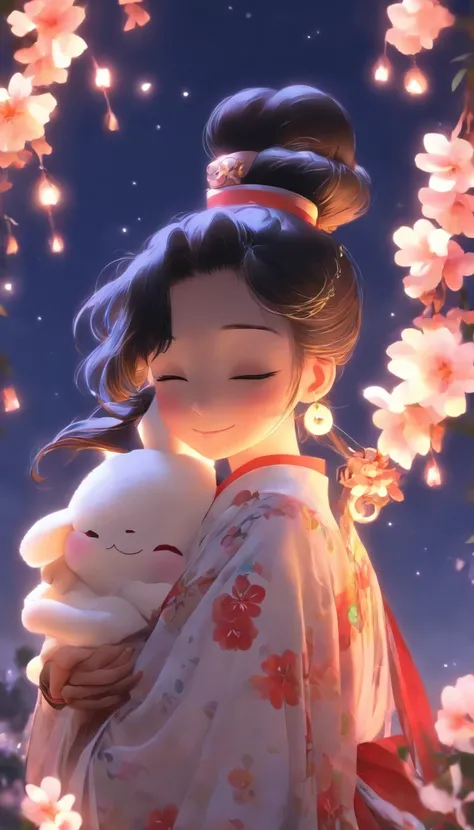 1girll, Moon, hair adornments, fullmoon, cloud, skyporn,Night, robe blanche, Solo, Smile, nigh sky,  flower, Hugging the black rabbit, Hair Flower, flower petals, child, blush, Parted Lip, Black hair, Black rabbit, Cloudy sky, forehead mark, Black eyes, fa...