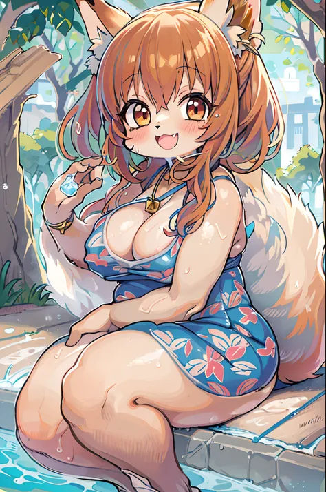 Fox Woman、1girl in、body covered with fur、huge-breasted、kawaii、(((School swim wear)))、summer day、From below、A big smile、bbw,Chibi,