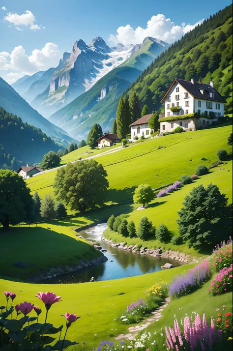 Peaceful and idyllic countryside, Rolling green hills dotted with grazing sheep, Charming villa，Set amidst vibrant flowers, Clear blue sky overhead, Evokes a sense of peace and simplicity, Valle encantador, switzerland, patches of green fields, lush countr...