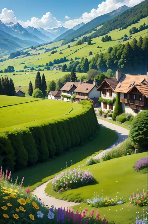 Peaceful and idyllic countryside, Rolling green hills dotted with grazing sheep, Charming villa，Set amidst vibrant flowers, Clear blue sky overhead, Evokes a sense of peace and simplicity, Valle encantador, switzerland, patches of green fields, lush countr...