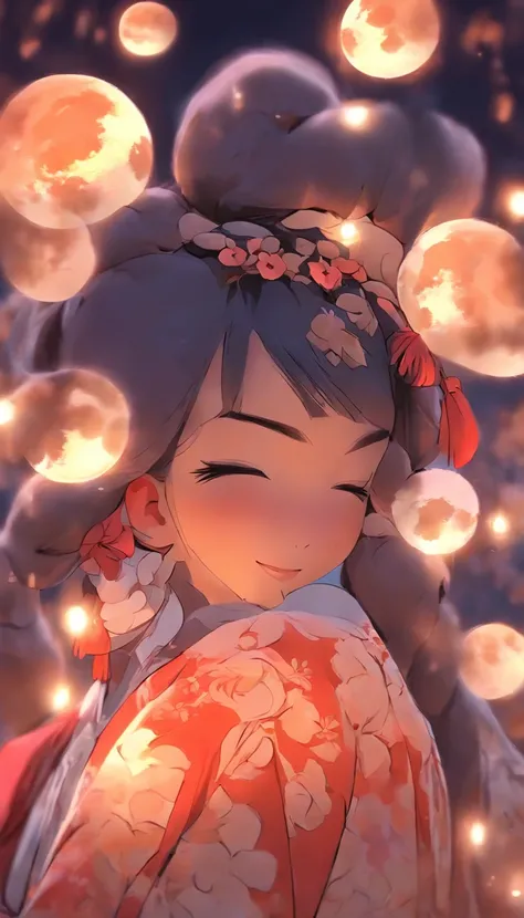 1girll, Moon, hair adornments, fullmoon, cloud, skyporn,Night, robe blanche, Solo, Smile, nigh sky,  flower, Hugging a black rabbit, Hair Flower, flower petals, child, blush, Parted Lip, Black hair, Black rabbit, Cloudy sky, forehead mark, Black eyes, face...