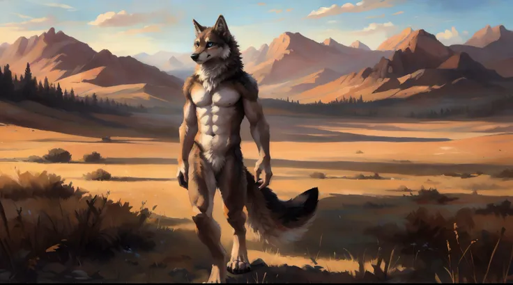 ((Solo)), male people, coyote, (Multi-colored fur, White-brown:1.3), ((Wolf face, White hair, Big eyes, White eyelids, Blue pupil, Slim:1.2) (Tough, Calm expression:1.2)), Abs, Slim, pinging)), (Correct anatomy), A big tail，Feet，Longer torso，(Realistic fur...